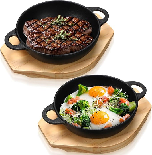 2 Sets Mini Cast Iron Skillet with Wooden Base Small Cast Iron Plates Skillet Pan Round Fajita Plate Hot Steak Pot Dish for Baking Cooking(6.1 Inch)