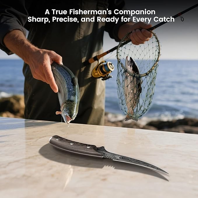 Fillet Knife, Razor Sharp 7.2 Inch Boning Knife, High Carbon Stainless Steel Filet Knives with High Flexibility, Wooden Handle, Full Tang Damascus Pattern Fishing Knives, Christmas Gift