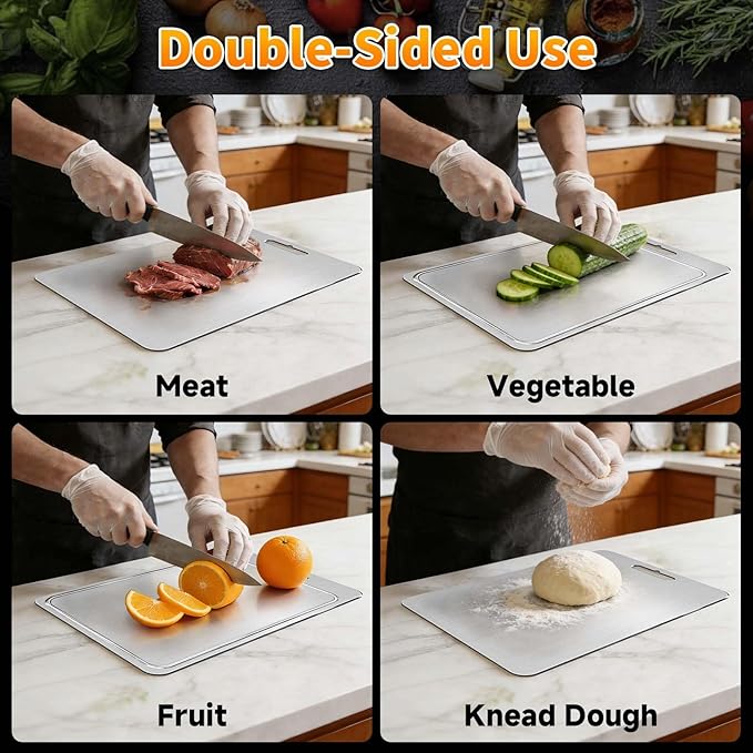 2025 New 100% Pure Titanium Cutting Board with Grooves, Double Sided Chopping Board, Meat, Fruit and Vegetable Cutting Board, Dishwasher Safe (13.3 * 9)