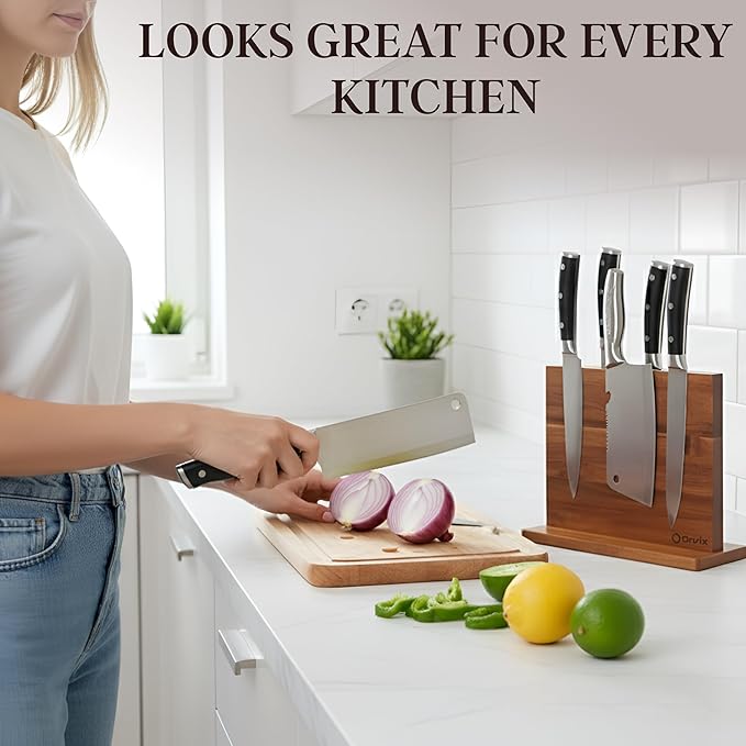 Magnetic Knife Block Double Sided, Magnetic Knife Holder for Kitchen Counter, Acacia Wood Knife Block Without Knives with Anti-Skid Base