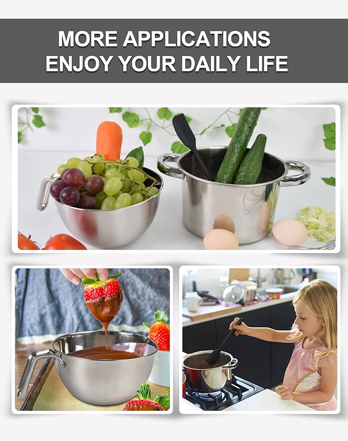 Double Boiler Pot Set,1250ML/1.1QT Mixing Bowl for Chocolate Melting, 2200ML/ 2QT 304 Stainless Steel Pot With Silicone Spatula for Melting Chocolate, Candy, Candle, Soap, Wax