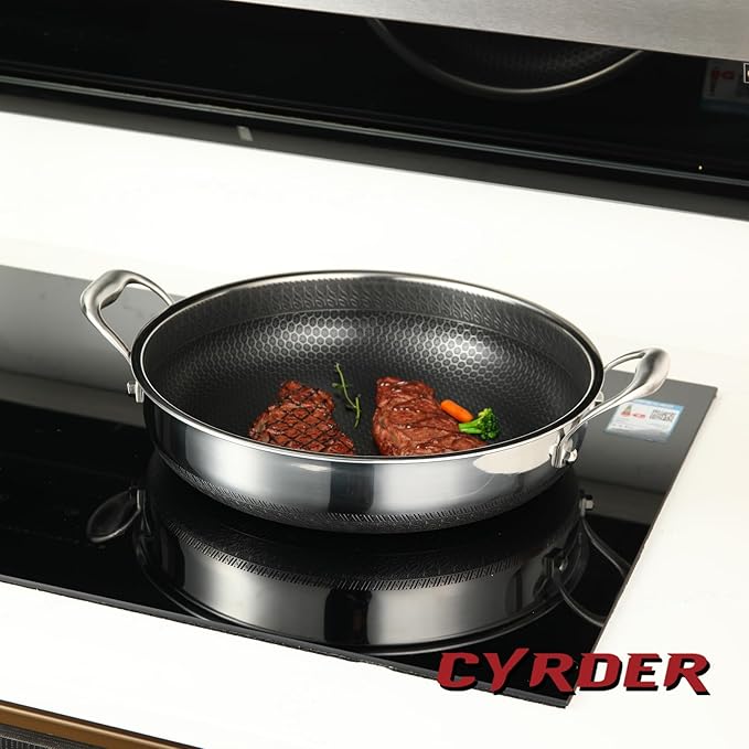 CYRDER 316L Stainless Steel Frying Pan-12inch Hybrid Nonstick Induction Pan with Lid, Two Handle Hold, PFOA Free, Dishwasher Oven Safe, Paella Pan for Stir fry/Toast/Roast/Bake/Stew, 6 Quart