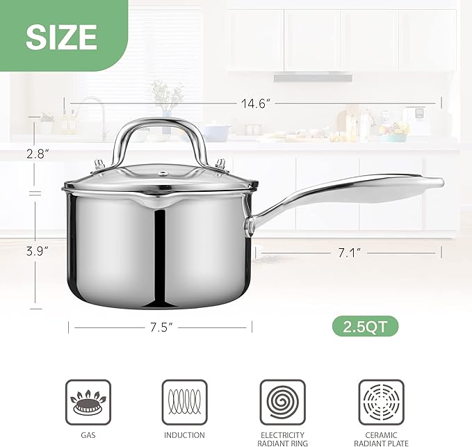 Fracoda 2.5 Quart Stainless Steel Pot Saucepan with Glass Strainer Lid, Sauce Pot with Two Side Spouts, Induction Cooking Pot, Multipurpose Sauce Pan with Lid for Cooking(Tri-Ply Full Body)