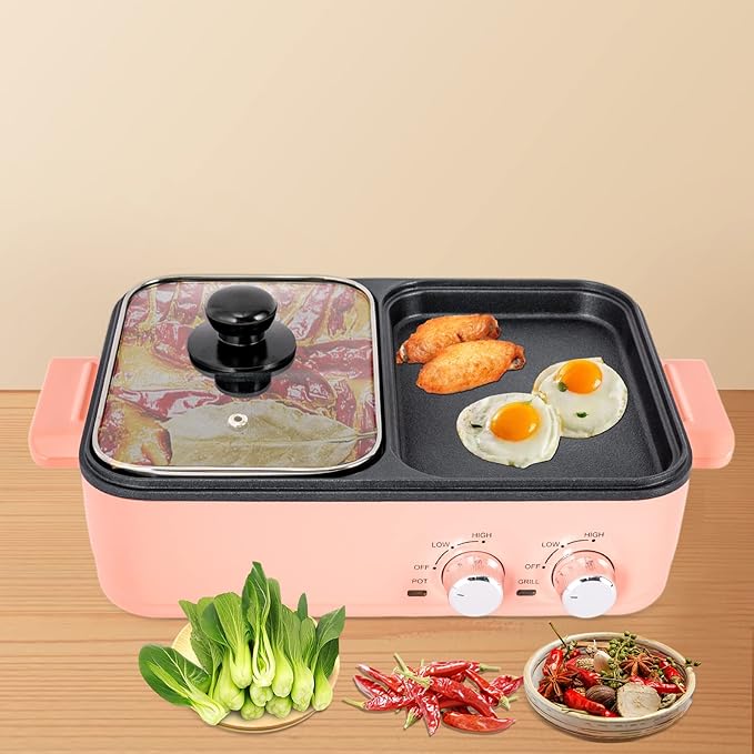 Hot Pot Electric with Grill, 2 in 1 Indoor Non-Stick Electric Pot and Griddle Yin-Yang Nonstick Skillet Indoor Smokeless BBQ Grill for Family Party, Adjustable Temperature, for 2-3 people (Rectangle)
