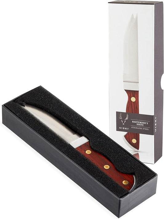 Viski Bartender Knife, 7 Inch Knife, Acacia Wood Handle, Double Tipped Stainless Steel Blade, Bar Knife, Riveted Base, Set of 1