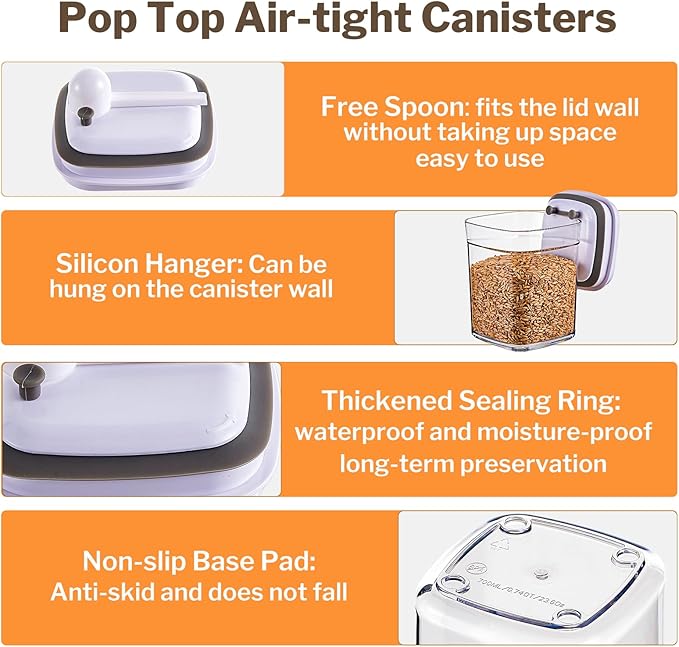 Pop Airtight Food Storage Container Set, 4 Pcs Cereal Storage Organizer Canisters with Pop Lids, BPA-Free, Vacuum Seal & One-button Opening, Stackable Pantry Containers for Dry Food Storage