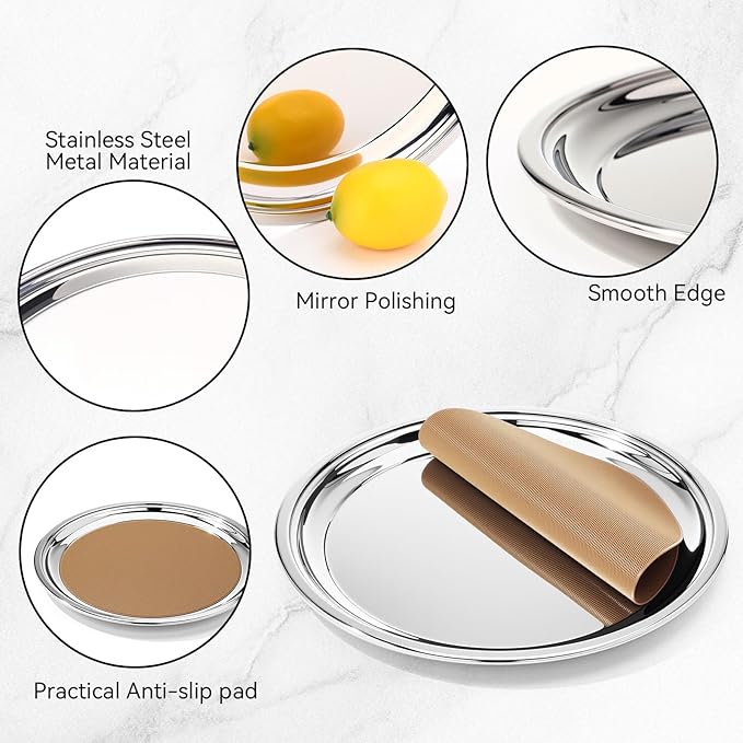 LemonRoad 2 Set Round Silver Mirror Decorative Tray 12.6 Inch Stainless Steel Metal Serving Tray Mirrored Finish Circular Bar Platter with Anti Slip Mat Vanity Kitchen Organizer for Home