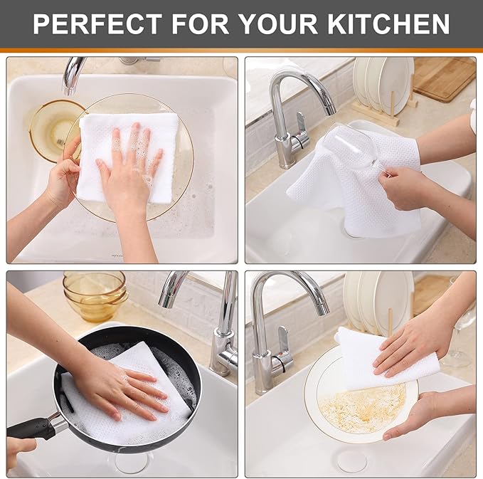 Kitinjoy 100% Cotton Kitchen Dish Cloths, 8 Pack Waffle Weave Ultra Soft Absorbent Dish Towels for Drying Dishes Quick Drying Kitchen Towels Dish Rags, 12 X 12Inch, White