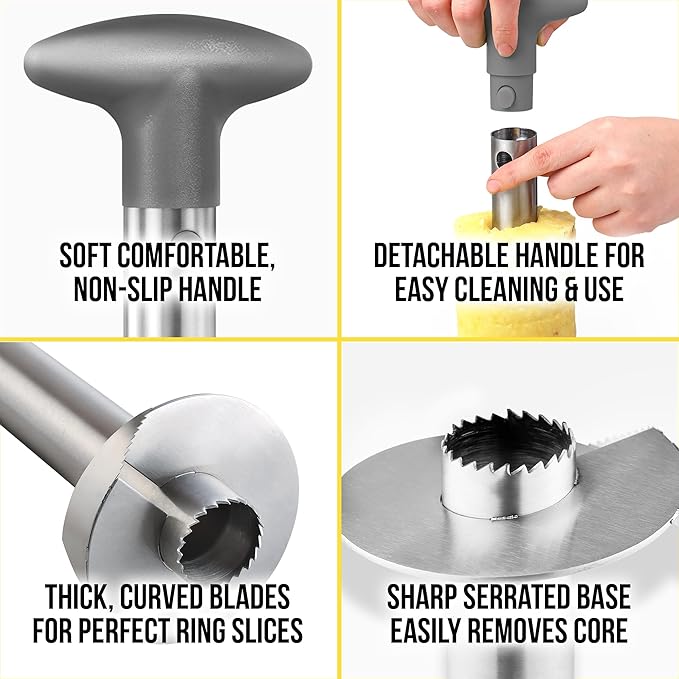 Zulay Kitchen Stainless Steel Pineapple Corer & Slicer + Eye Removal Tool – Heavy Duty Pineapple Cutter with Reinforced Blade – Effortless Pineapple Core Remover & Slicer - Gray