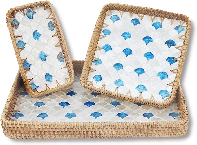 Rattan Serving Tray with Mother of Pearl Inlay,Set of 3 Wicker Serving Tray Boho,Hand-Woven from Natural Rattan, Serving Baskets for Home Decor and Coffee Table Decor (Coastal Blue Scallop)