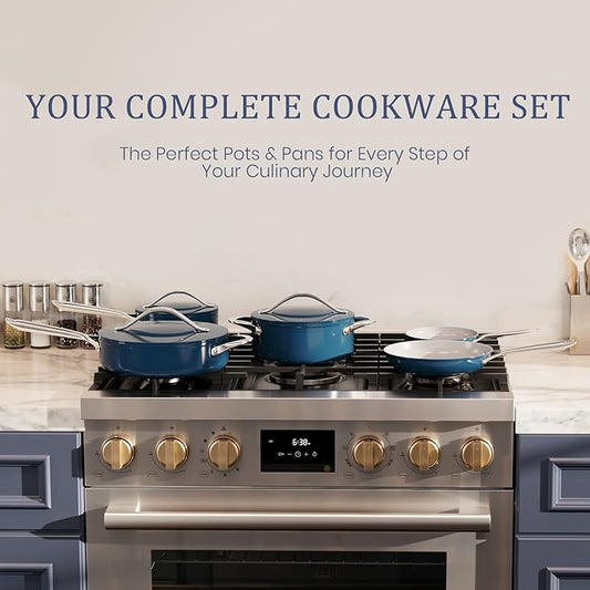 10-Piece Navy Blue Non-Stick Ceramic Pots & Pans Set with Lids, Complete Kitchen Cookware for Soup, Pasta, Boiling & Sautéing, Dishwasher Safe, Induction Compatible, From Stovetop to Oven Safe