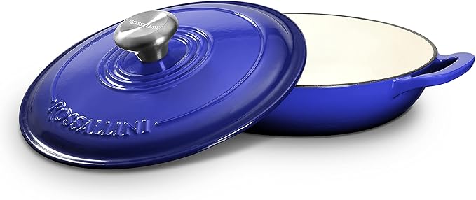 ROSSALLINI Signature Enameled Cast Iron Braiser, Non-Stick Serving Pot with Tight Fitting Lid for Perfect Roasting, Baking, Sauteing, Searing, and Pan Frying | 3.5Q (3.3L) - Indigo Blue