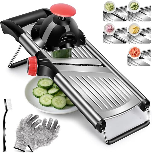 Masthome Adjustable Mandoline Food Slicer, Mandoline Slicer for Kitchen, Stainless Steel Mandolin, Fruit and Vegetable Cutter with Cut-Resistant Gloves and Cleaning Brush-Red