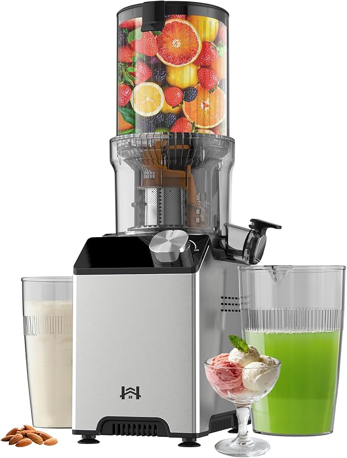 WHUTO Cold Press Juicer, Wide Feed Chute Juicer Machines, Stainless Steel Slow Masticating Juicers Easy to Clean, Vegetables & Fruits Juice Extractor, High Juice Yield, Silver Color Knob