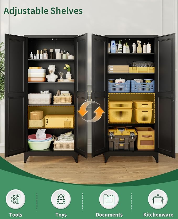 Metal Garage Storage Cabinet with 2 Doors and 4 Shelves,74.8 Kitchen Pantry Cabinet with Anti-Tip Kit & Adjustable Feet, Tall File Tool Cabinets for Office,Home,Garage,Gym