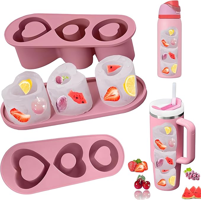 Valentine's Day Ice Cube Tray for Stanley Cup 20 30 40 OZ Heart Shape Silicone Ice Cube Tray with Lid, Stanley Cup Accessories Ice Mold for Owala Water Bottle Tumbler Ice Mold (20-30 OZ, Pink)