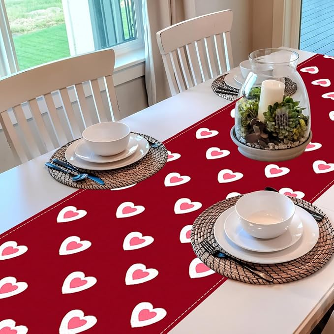 Valentine's Day Table Runner Linen Red Love Heart Table Runner Love Cloth Dresser Scarves for Valentines Holiday Home Kitchen Dining Style Table Decoration (13*72 Inch)