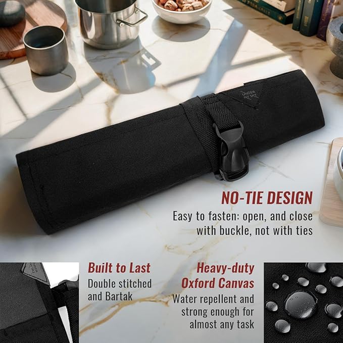 Under NY Sky Knife Roll Case - 3 Slots - Heavy Duty Oxford Canvas Pouch - Leather Reinforced - Portable Bag for Cooking Tools, Utensils, Cutlery Knives, Brushes - Chefs, Kitchen, Travel, Gift - Black