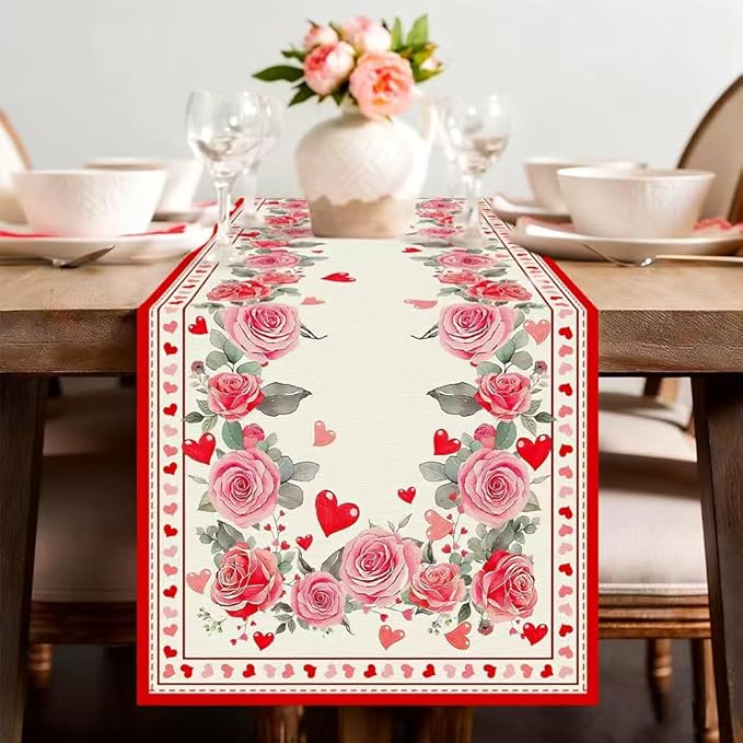 Valentine’s Day Rose Table Runner 13x72 Inch,Pink Red Love Heart Plant Spring Holiday Anniversary Table Decorations Farmhouse Kitchen Dinning Indoor Outdoor Home Party Decoration