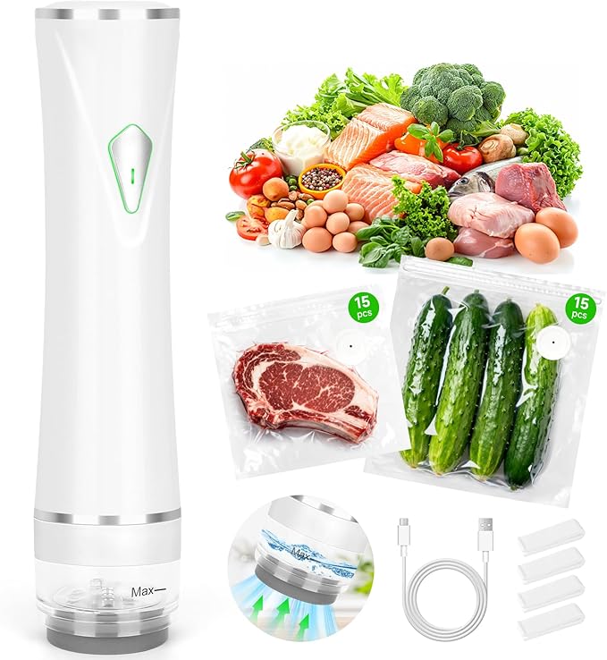 Vacuum Sealer - Handheld Vacuum Sealer for Food 5X Fresh, Compact Food Seal with 30 Reusable Pouches, Auto Stop and Removable Filter for Travel Kitchen, Home Barbecue