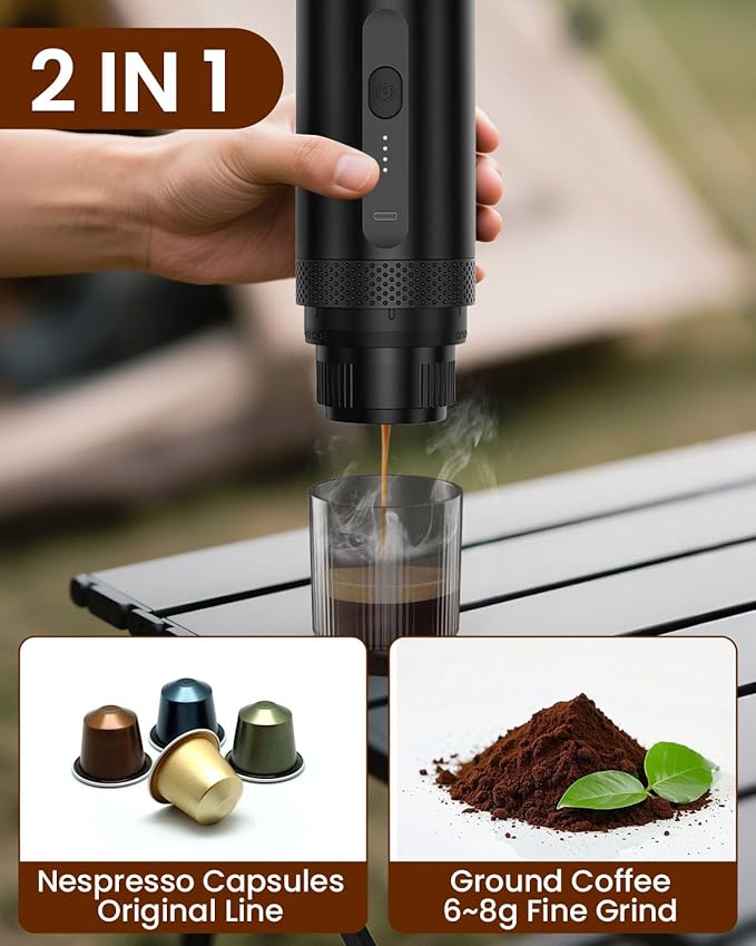 Amjdcoe Portable Espresso Maker, Electric Espresso Machine for Travel, Camping, Rechargeable USB-C Mini Coffee Maker for NS Capsule Pods and Ground Coffee, Matte Black