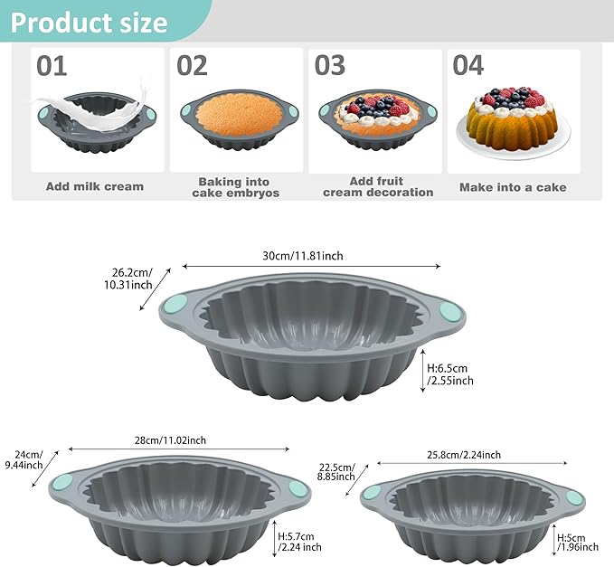 Jasybo 3-Piece Silicone Round Cake Pan Set, Metal-Frame Non-Stick Baking Trays, Jelly Molds, Non-Stick Grooved Cake Molds, Suitable for Breads, Meat Patties, Cakes, 5/7/9 Cups, Light Gray