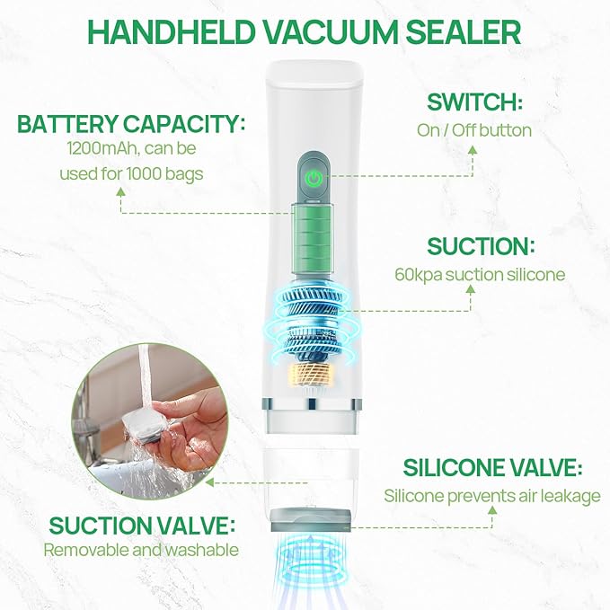 Vacuum Sealer,Compact Vacuum Sealer For Food Preservation,Portable Cordless Handheld Sealer Machine Food Fresh (With 30 Reusable Vacuum Seal Bags)