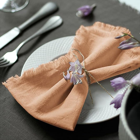Handmade Cloth Napkins 100% Cotton Napkins with Fringe，Delicate Handmade Cloth Napkins for Dinners, Parties, Weddings and More，18 x 18 Inch Set of 12 - Caramel