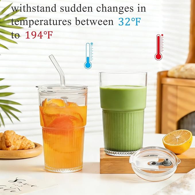 Ribbed 16oz Glass Cups with Lids and Straws Ribbed Drinking Glasses Cup Leak Proof Iced Coffee Glass Tumbler Set of 2 for Soda Smoothie Juice