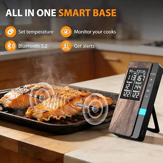 AI Smart Wireless Meat Thermometer, 10X Enhanced Signal and Stability, with 2 Probes High-Accuracy Sensors, Standalone Display Base, Instant Read LCD & App Control for Kitchen,BBQ,Oven,Grill,Air Fryer