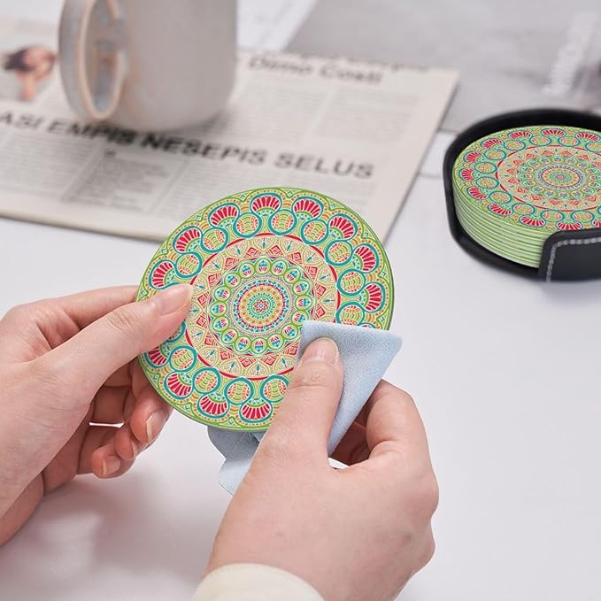 Colorful Mandala Leather Drink Coasters Set of 6 with Holder Round Cup Coaster for Table Decor