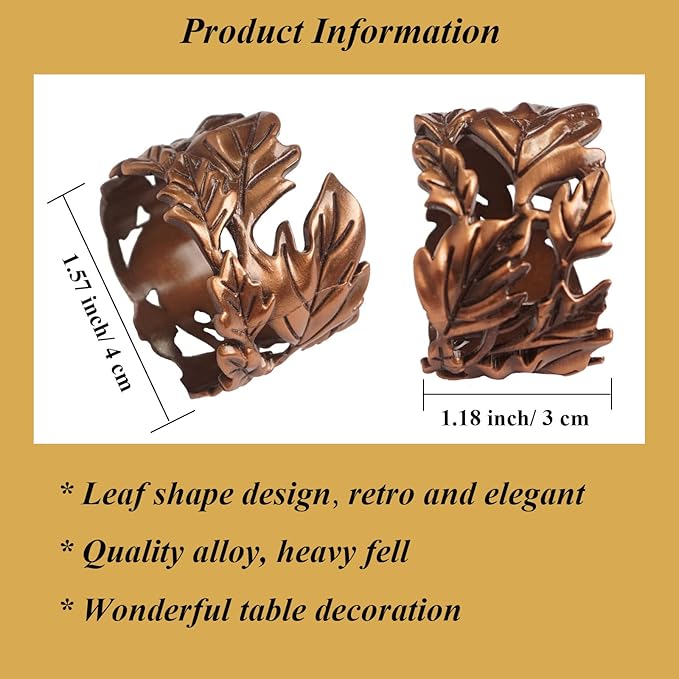 Leaf Shape Napkin Rings Set of 6, Bronze Napkin Rings Metal Napkin Ring Holders for Dinner Party, Wedding, Banquets,Thanksgiving, Holiday Table Settings