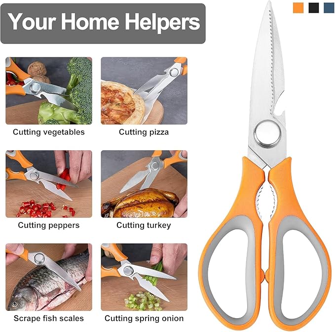 All Purpose Stainless Steel Dishwasher Safe Cooking Scissors - Kitchen Shears for Meat, Chicken, Fish, Vegetable 3-Pack