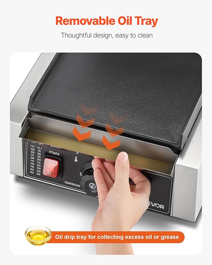VEVOR Commercial Panini Grill, 1800W Electric Sandwich Panini Maker, Stainless Steel Sandwichs Press Grill with Handle and Temp Control, 8.8x9 in Flat Enamel Plate, for Hamburger Steak Bacon