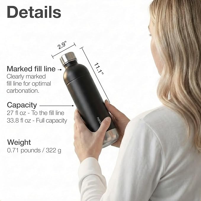 Stainless Steel Carbonating Bottle 33 oz | Compatible with Aarke Carbonator 3, Sodastream (Excl. model Aqua Fizz + Jet) and many others | Dishwasher Safe, No Expiration Date, BPA-Free