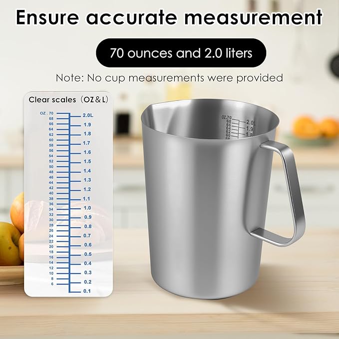 2 L / 70 oz Large Stainless Steel Measuring Cup with Lid, 8 Cup Metal Measuring Cups with Handle, Precision Markings Stainless Steel Pitcher for Espresso Machine, Latte Art, Hot/cold Water