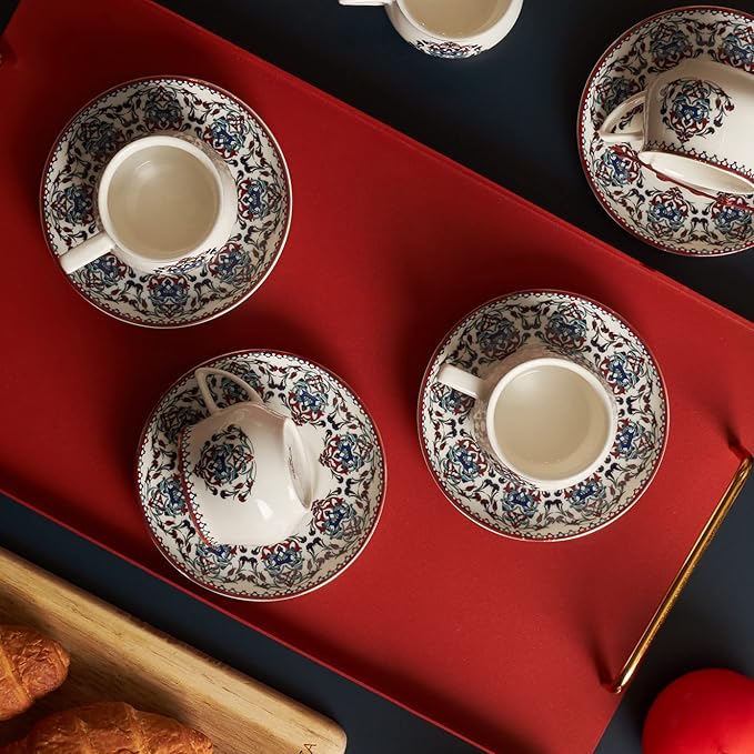 KARACA Nakkas Turkish Coffee Cup Set of 6, (12 Piece) White Cups with Saucers - 3.3 fl oz Small Porcelain Espresso Set - Ideal for Serving Greek, Arabic Coffee