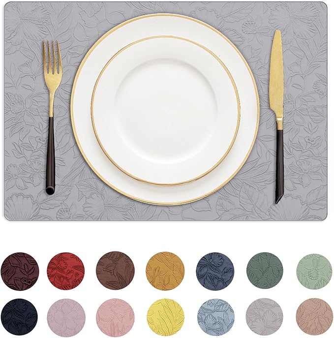 Romanstile Vinyl Placemats Set of 4-12 X 17 Inch - Heat Resistant Non-Slip Embossed Floral Place Mats 100% Waterproof Oilproof Wipeable Faux Leather Table Mats for Kitchen/Dining/Party, Grey