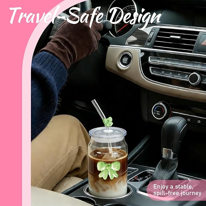 2Pcs Cute Glass Cup Set | Pink Bow Matcha Cups| Aesthetic Iced Coffee Cup with Lid Straw Brush| 16OZ Preppy Girly Drinking Mug for Best Friend First Mom Coworkers Bestie Boss Girlfriend Daughter Gifts
