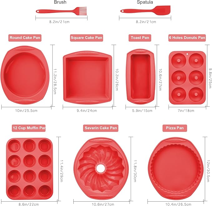 Aschef 9in1 Nonstick Silicone Baking Bundt Cake Pan Cookie Sheet Molds Tray Set for Oven, BPA Free Heat Resistant Bakeware Tools Kit for Muffin Loaf Bread Pizza Cheesecake Cupcake Pie Utensils, Red