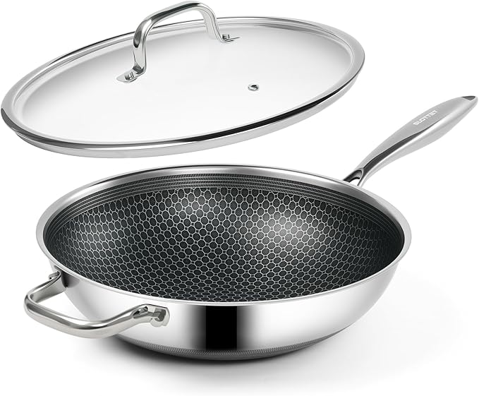 SLOTTET Hybrid 12-Inch Wok with Lid,Nonstick Stainless Steel Woks & Stir-fry pans,Stay-Cool Handle,PFOA Free Cookware,Dishwasher and Oven Safe,Compatible with All Cooktops