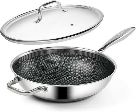 SLOTTET Hybrid 12-Inch Wok with Lid,Nonstick Stainless Steel Woks & Stir-fry pans,Stay-Cool Handle,PFOA Free Cookware,Dishwasher and Oven Safe,Compatible with All Cooktops