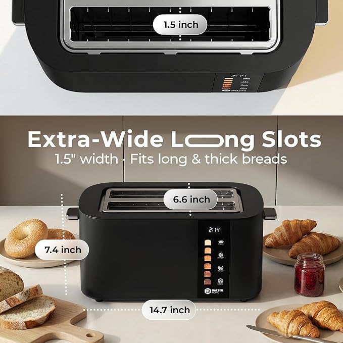 Balter Toaster 4 Slice Wide Slot, Bagel Function, Long Slot, Stainless Steel, Touch Screen, Built-in Rack, Extra-Wide 1.5" Slots for Thick Breads & Bagel, Timer, BPA-Free, Removable Tray, Black