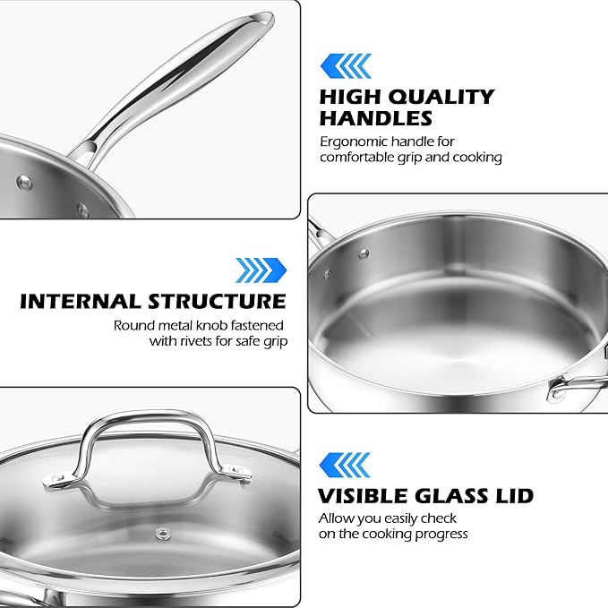 E-far 12 Inch Deep Frying Pan with Lid, 6 Quart Tri-Ply Stainless Steel Saute Pan, Kitchen Skillet, Healthy Non-toxic Cooking Pan for Induction Ceramic Gas Stoves, Heavy Duty, Oven & Dishwasher Safe