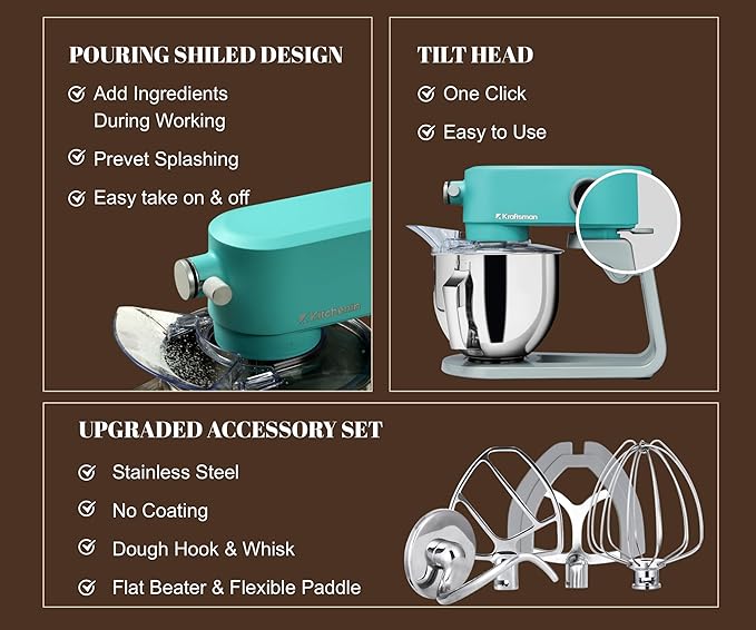 Kraftsman All-Metal Stand Mixer 5.3-Quart - Professional Kitchen Electric Food Mixer with Stainless Steel Mixing Bowl & Attachments for Baking, Dough & Cake, 8-Speed Control & Timer (Blue)