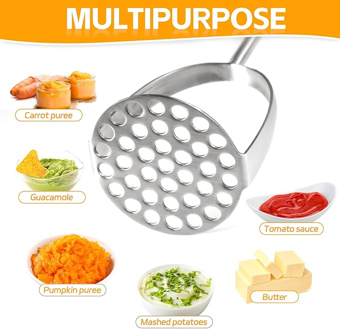 Potatoe Masher Stainless Steel - Heavy Duty Potato Mashed, Professional Integrated Masher for Avocado, Potatoes, Beans, Meat, Vegetables