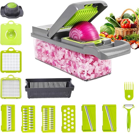 14-in-1 Adjustable Mandoline Chopper – Vegetable Slicer with Container, Blade Guard & Peeler – No-Slip Base
