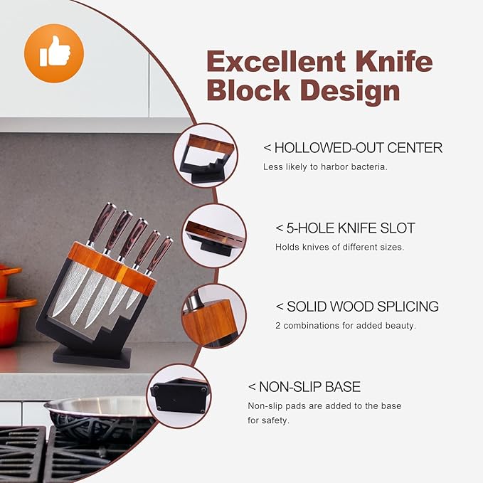 5 Piece Kitchen Knife Set with Block - High Carbon Stainless Steel Sharp Blade Chef Knives Sets with Ergonomic Wood Handle, Kitchen Knife Block Set for Home Cooking -5