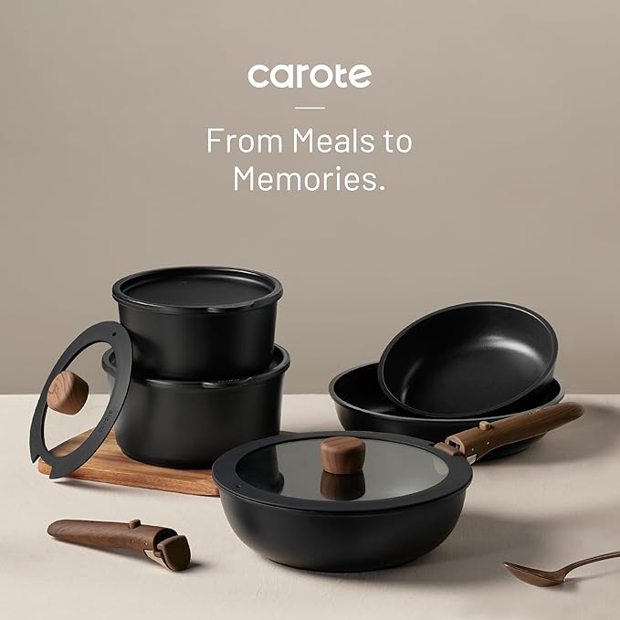 CAROTE 25pcs Pots and Pans Set Non Stick, Cookware Sets, Kitchen Set, Oven/Dishwasher/Fridge Safe, Space Saving Pots Set, Nonstick Set with Versatile Detachable Handle, Induction RV Set, Black