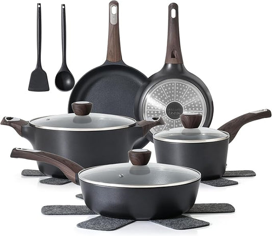 SENSARTE Pots and Pans Set Non stick, Non toxic Healthy Induction Cookware Sets, 14 Pcs Non Stick Kitchen Cooking Set with Frying Pans Set & Saucepan, PFOA PFOS APEO Free, Black
